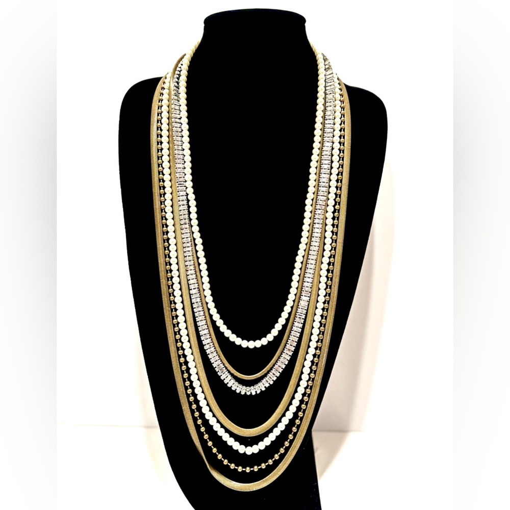 CHICO’s Lux Brass, Pearl & Channel-set Crystal Layered Statement Necklace NWT - Picture 2 of 9